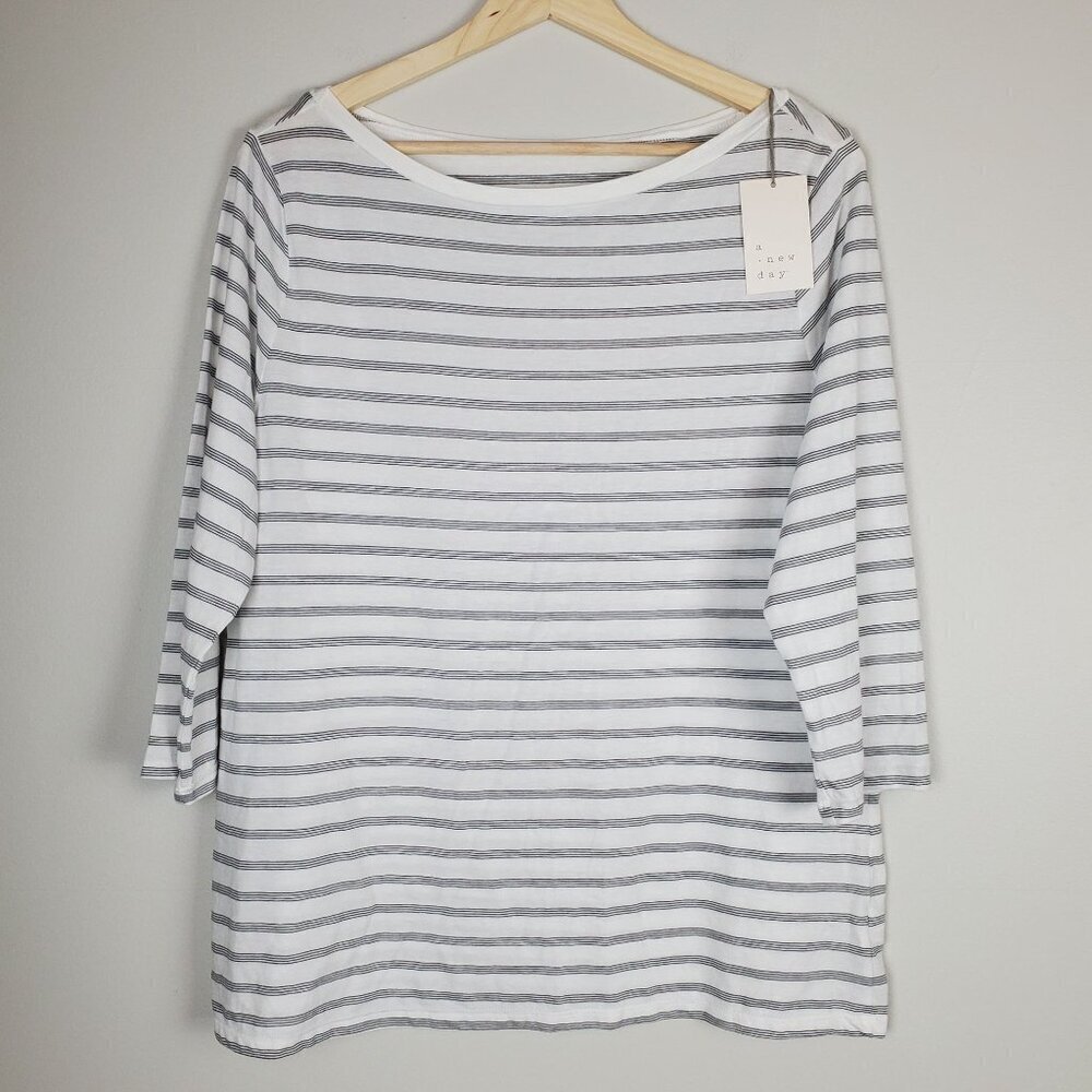 A New Day Women's Striped 3/4 Sleeve Top White Black Size XL Soft Comfy New